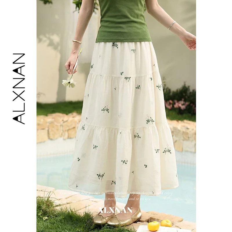 ALXNAN 2026 Summer Women's Green Floral White Skirt Elastic High Waist A-line Draped Skirts Elegant Female Clothing DYL662877