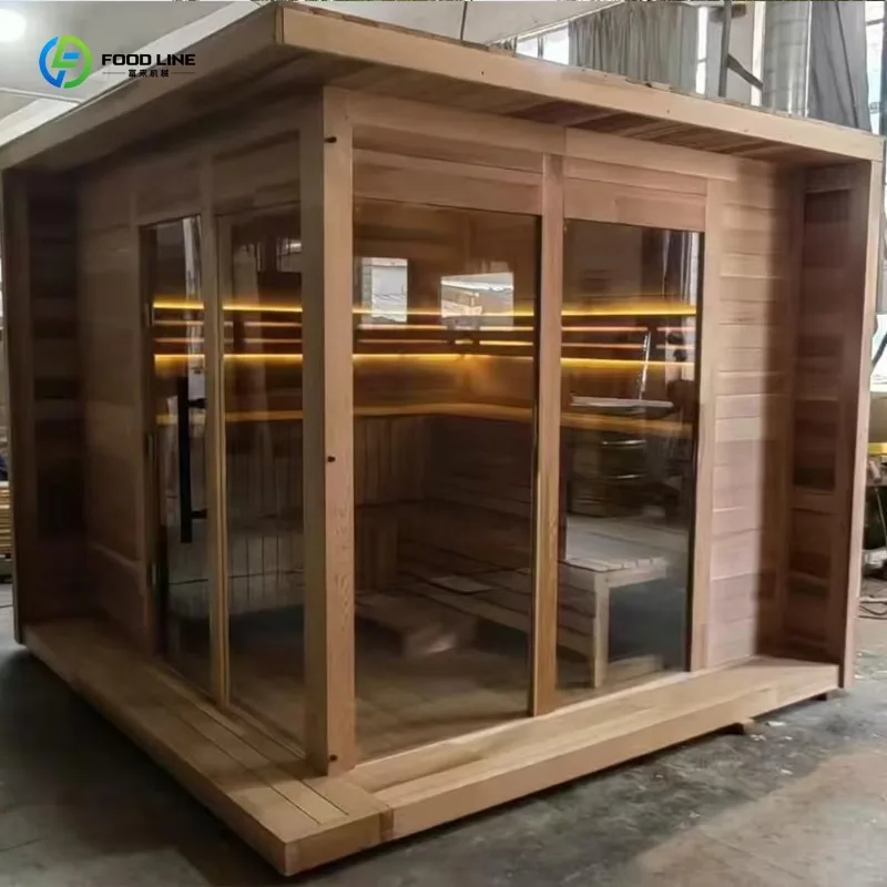 Customized Traditional Wooden Sauna Cottage, 3-In-1 Function for Multiple People with Solid Wood Stove
