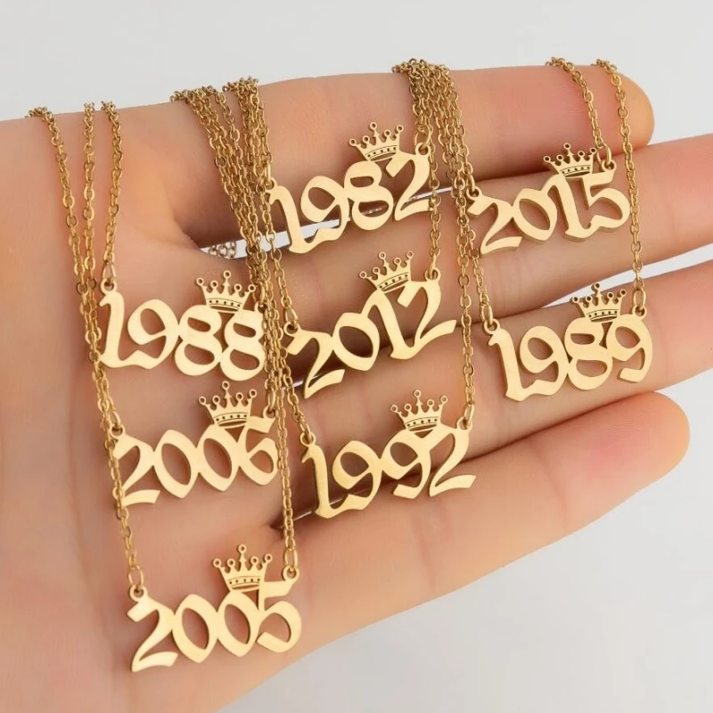 Stainless Steel Birth Year Number Necklace With Crown For Women Girls Pendant Chain Birthday Gift From 1980 to 2024