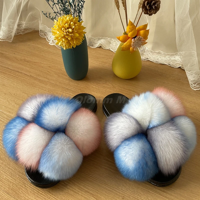 Women Summer Real Fox Fur Slides Women Non-slip Fluffy Fur Slippers Women Furry Slippers Ladies Cute Plush Fox Hair Slippers Hot