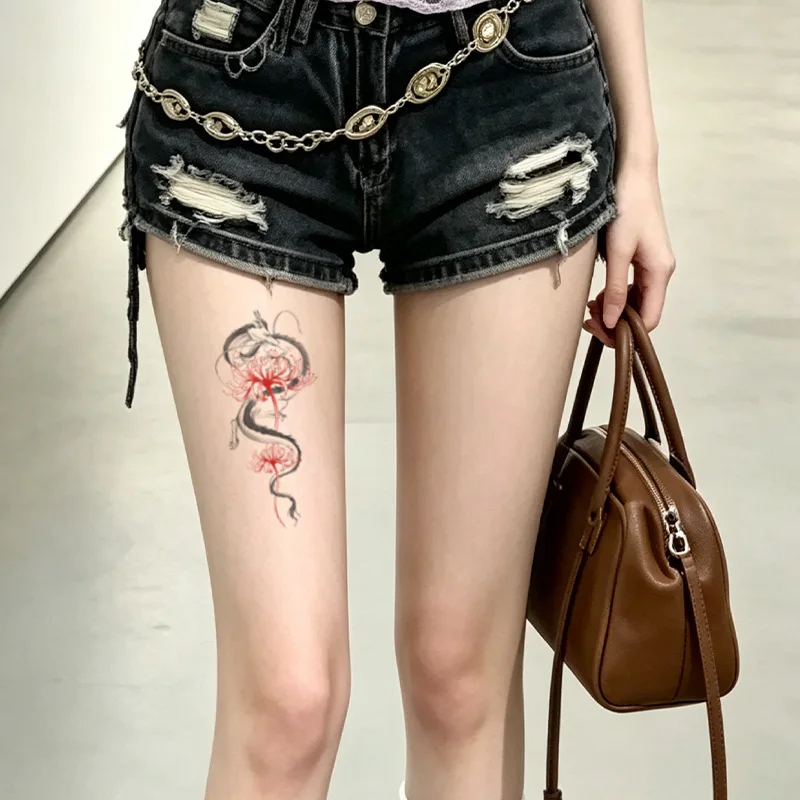 Red Lotus Ink Splash Tattoo Sticker Abstract Line Lotus Colorful Waterproof Temporary Tattoo for Arm Forearm Women Men