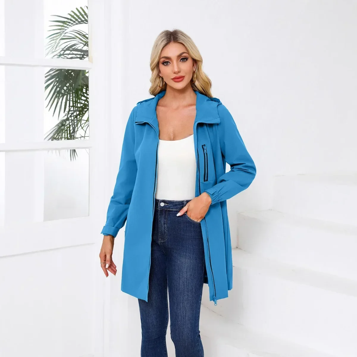 

Autumn Spring Loose Fit Coat Pure Color Flip Collar Polyester Fiber Women's Casual Long Sleeve Hooded Trench Coat Windproof