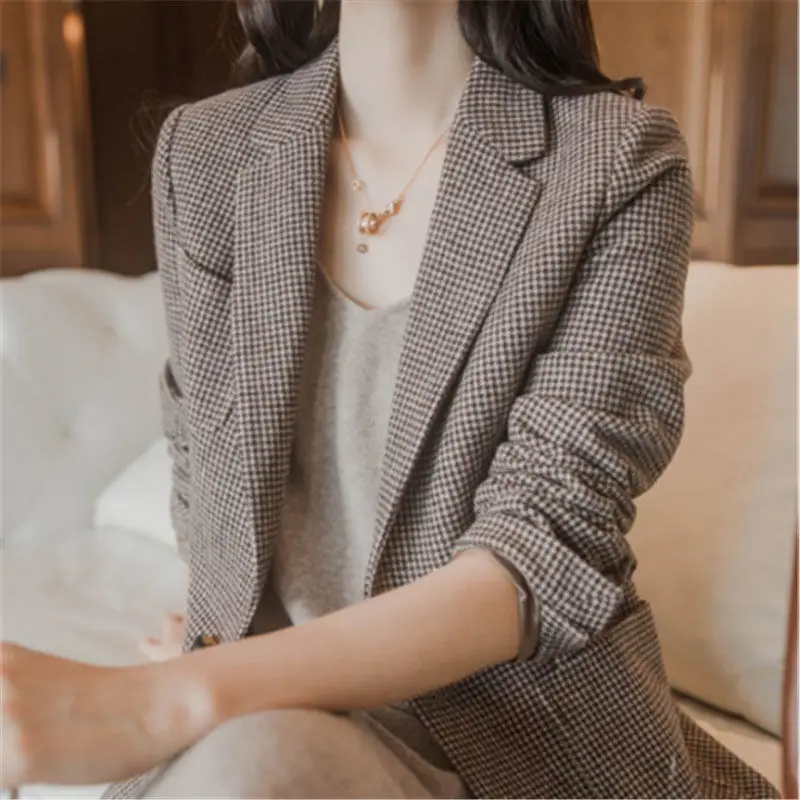 Classic Retro Plaid Blazer Ladies Work Office Long Sleeve Fashion Blazer Jacket Women Korean Version New Business Interview