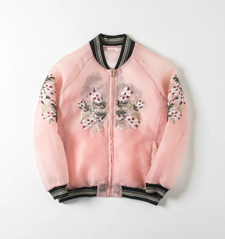 Women Luxury Floral Embroidery Bomber Jacket Perspective Coat Vintage Zipper Streetwear Outerwear Organza Cardigan Tops 2021