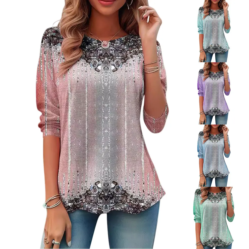 

Fashionable Casual Printed Pattern Round Neck Pullover Korean Long Sleeved Shirt Top Tee Woman Clothes