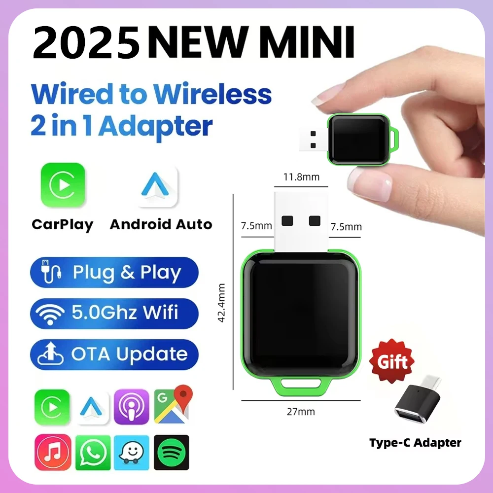 Mini 2-In-1 Wired To Wireless Link Android Auto Car Ai Box Wireless Adapter Type C Usb Port for Bmw Toyota Honda Ford Mustang