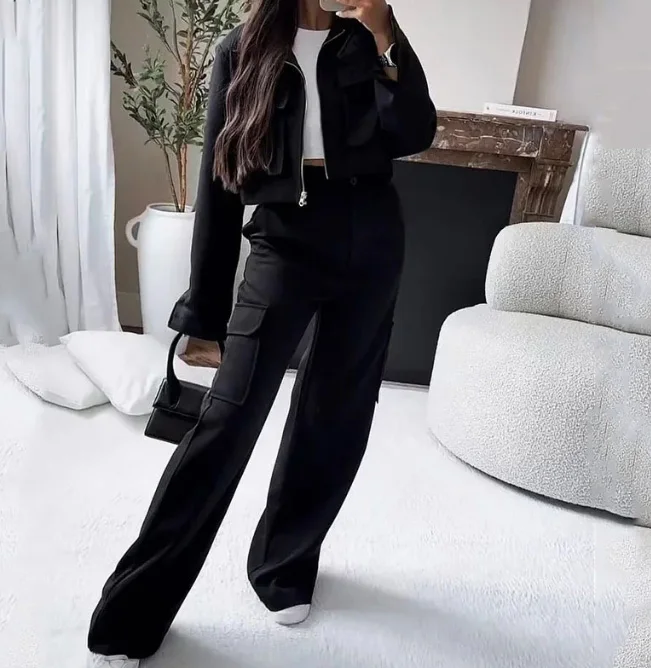 Two Piece Stock Women's 2023 Autumn New Casual Solid Color Zippered Short Jacket and Slim Fitting Work Suit Pants Set