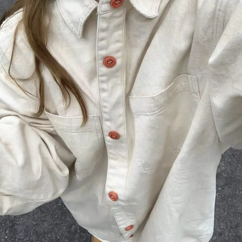 Cotton Shirt Women Casual Loose Long Sleeve Retro Lapel Blouse Korean Style Spring Autumn Open Front Outerwear Tops