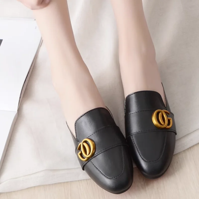 Lady Gold Metal Slides Round Toe Microfiber Soft Bottom For Tender Feet Wide Fits Beige Pink Fashionable Shoes For Summer 44-33