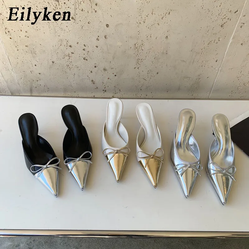 Eilyken 2024 Spring New Pointed Toe Women Slipper Fashion Butterfly-knot Shallow Slip On Ladies Mules Shoes Thin High Slides