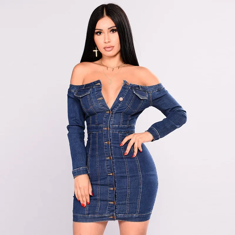 

Off Shoulder Sexy Bodycon Denim Dress Women Long Sleeve Strapless Dress Woman Single-breasted Short Mini Dress