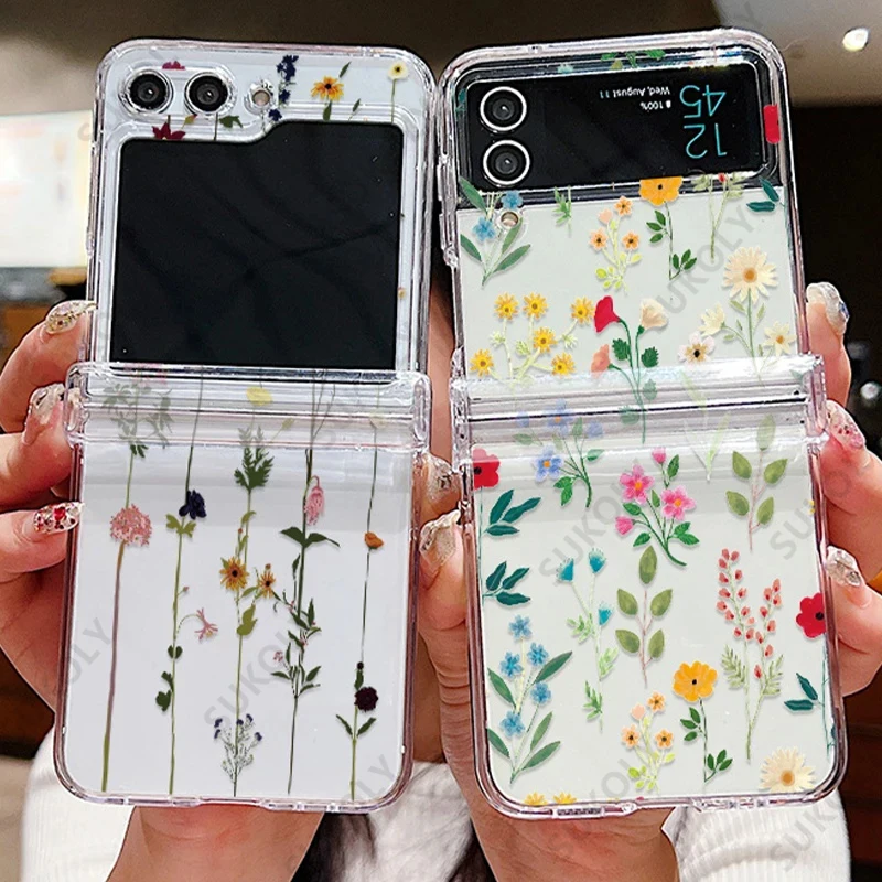 Funda de teléfono plegable transparente Floral para Samsung Galaxy Z Flip 6 5 4 3, funda trasera dura para Samsung Galaxy Z Flip6 Flip5 Flip4