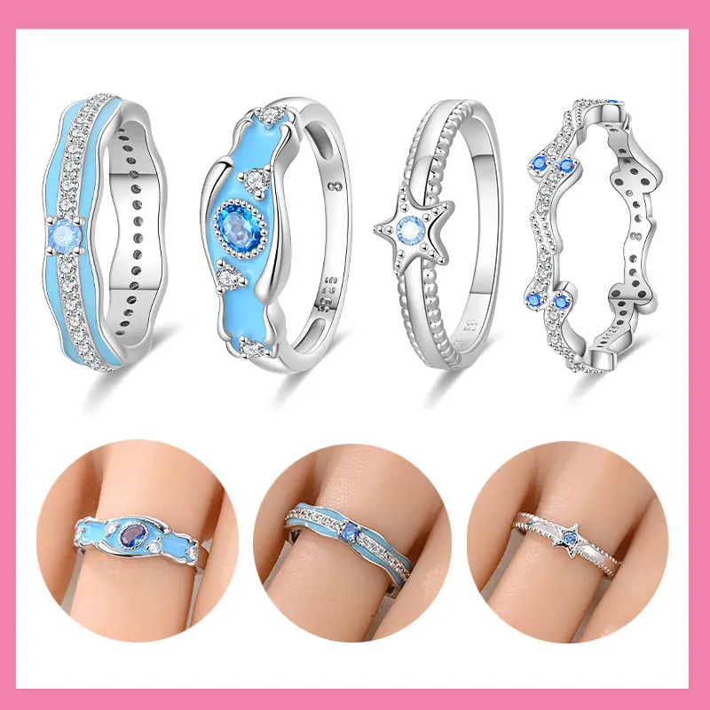 

925 Sterling Silver Original Marine Life Series Blue Waves and Starfish Flowers Women's Anniversary Gift Engagement for Jewelry