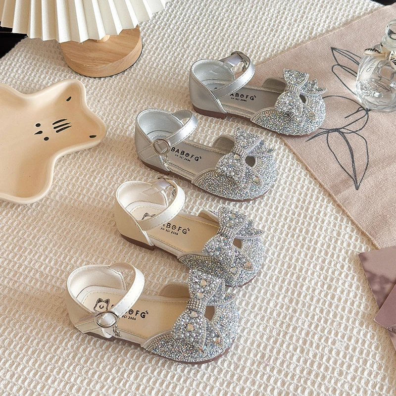Girls Half Sandals Children Shiny Toes Capped Sandals with Butterfly-knot Non-slip Kids Princess Shoes for Party Wedding