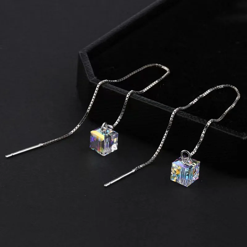 Trend Long Wire Tassel Thread Chain Square Dangle Earrings Women\'s Straight Hanging Crystal Drop Earring Jewelry Wedding Gifts