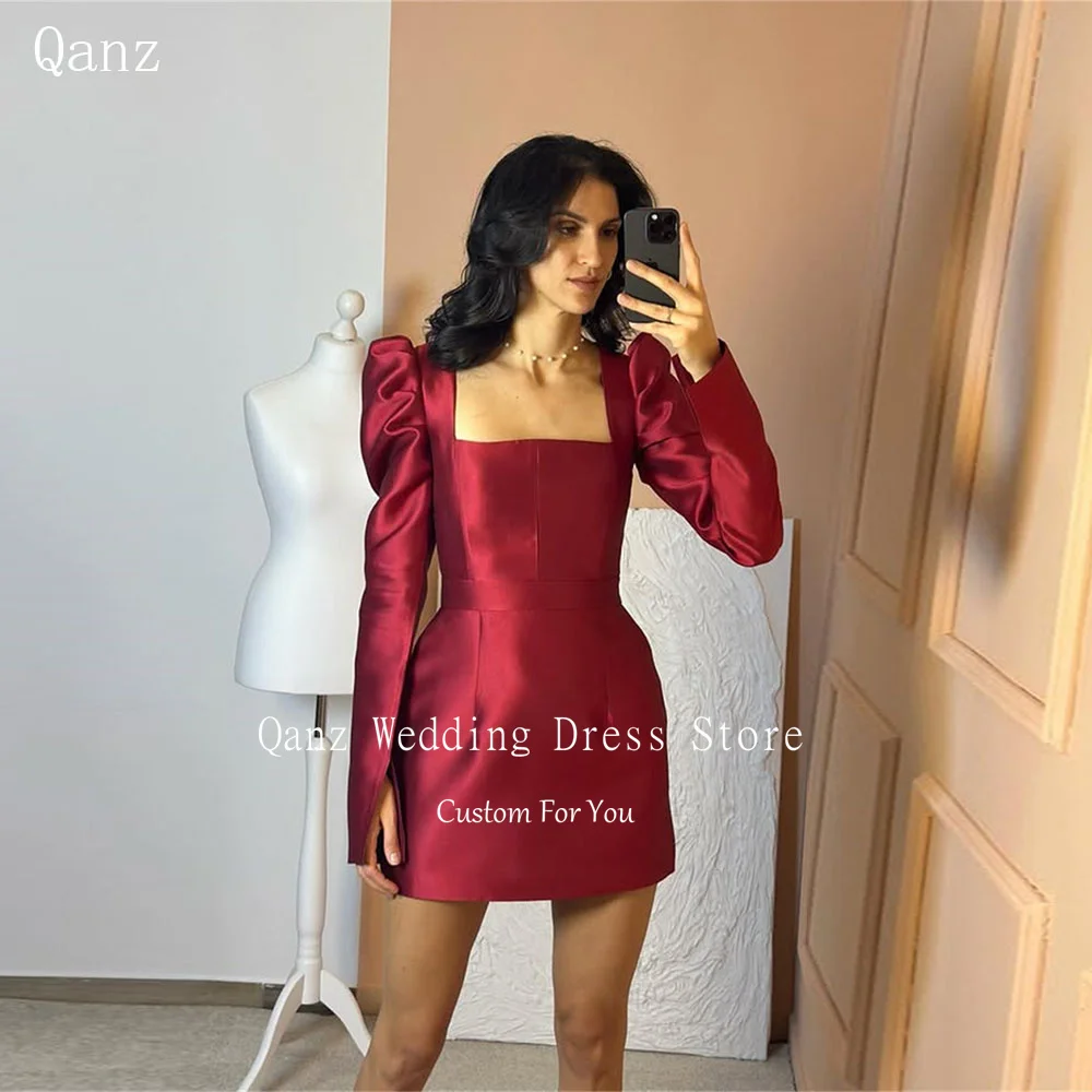 

Qanz Short Satin Prom Dress Long Sleeves Square Neck Cocktail Dresses Burgundy Sexy Birthday Party Gowns For Woman Customized