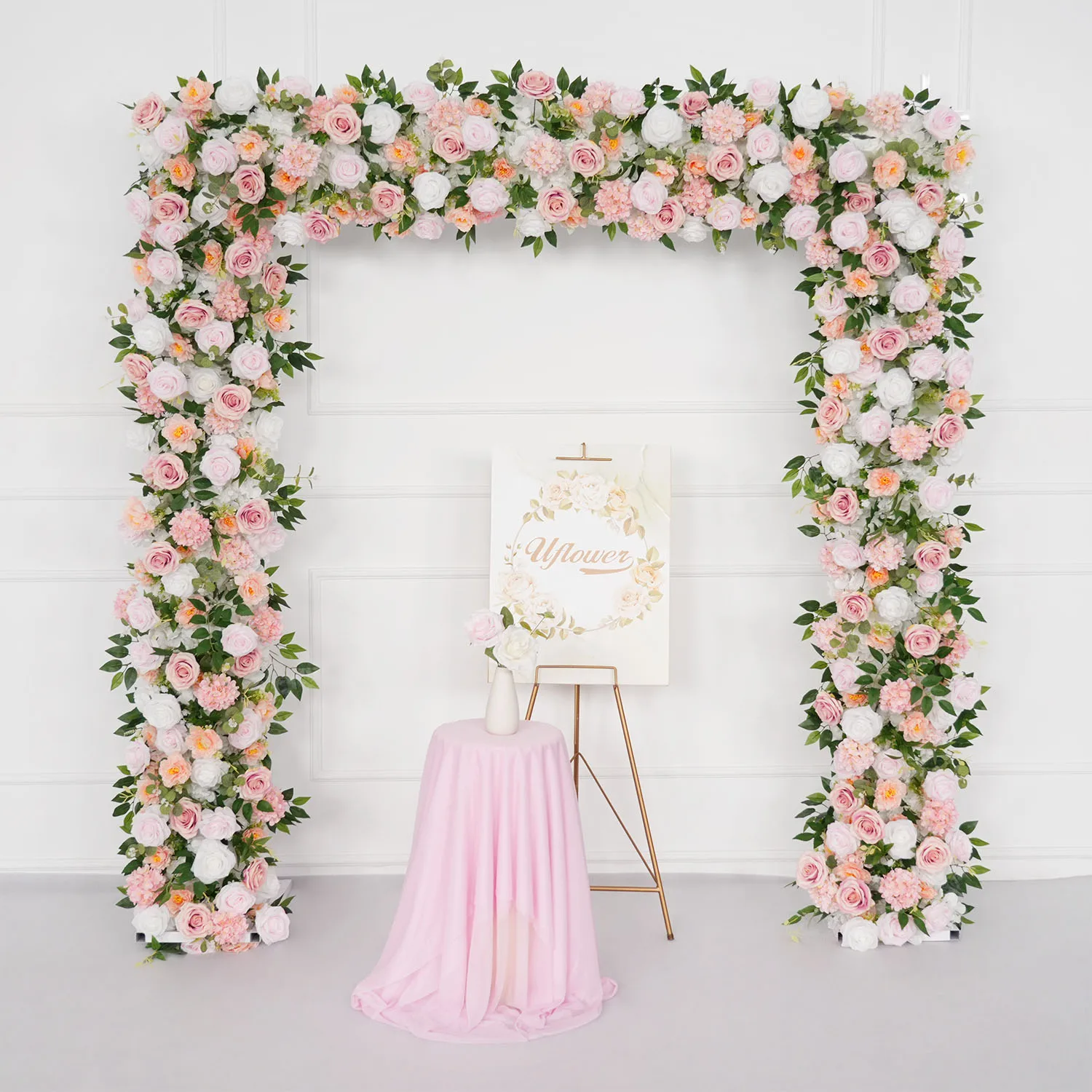 

Uflower Pink White Rose Green Leaf Flower Row Wedding Backdrop Arch Decoration Artificial Flower Arrangement Table Centerpiece