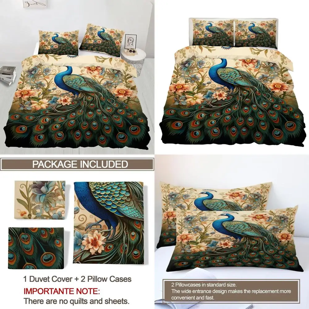 

Oversized King Peacock Feather Comforter Set - 3-Piece Vintage Floral Bird Bedding with Zippered Closure