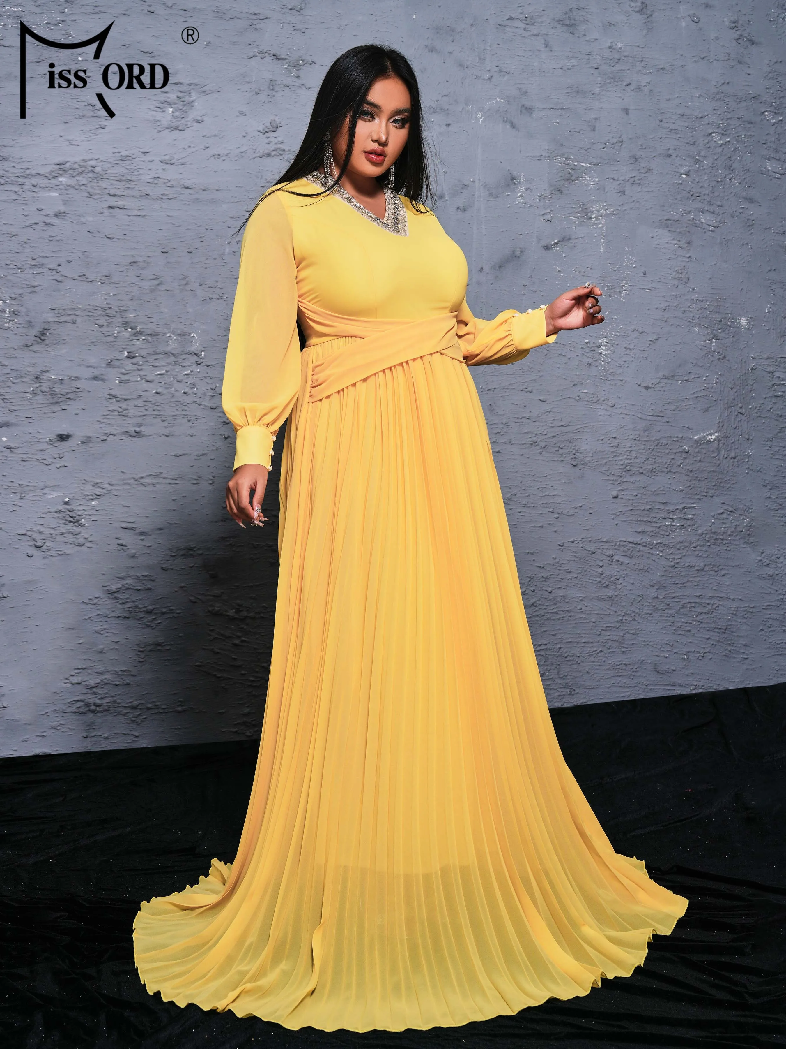 Missord 2024 Plus Size Party Dresses Women Large Size Evening Dress V-neck Yellow Elegant Long A Line Dress