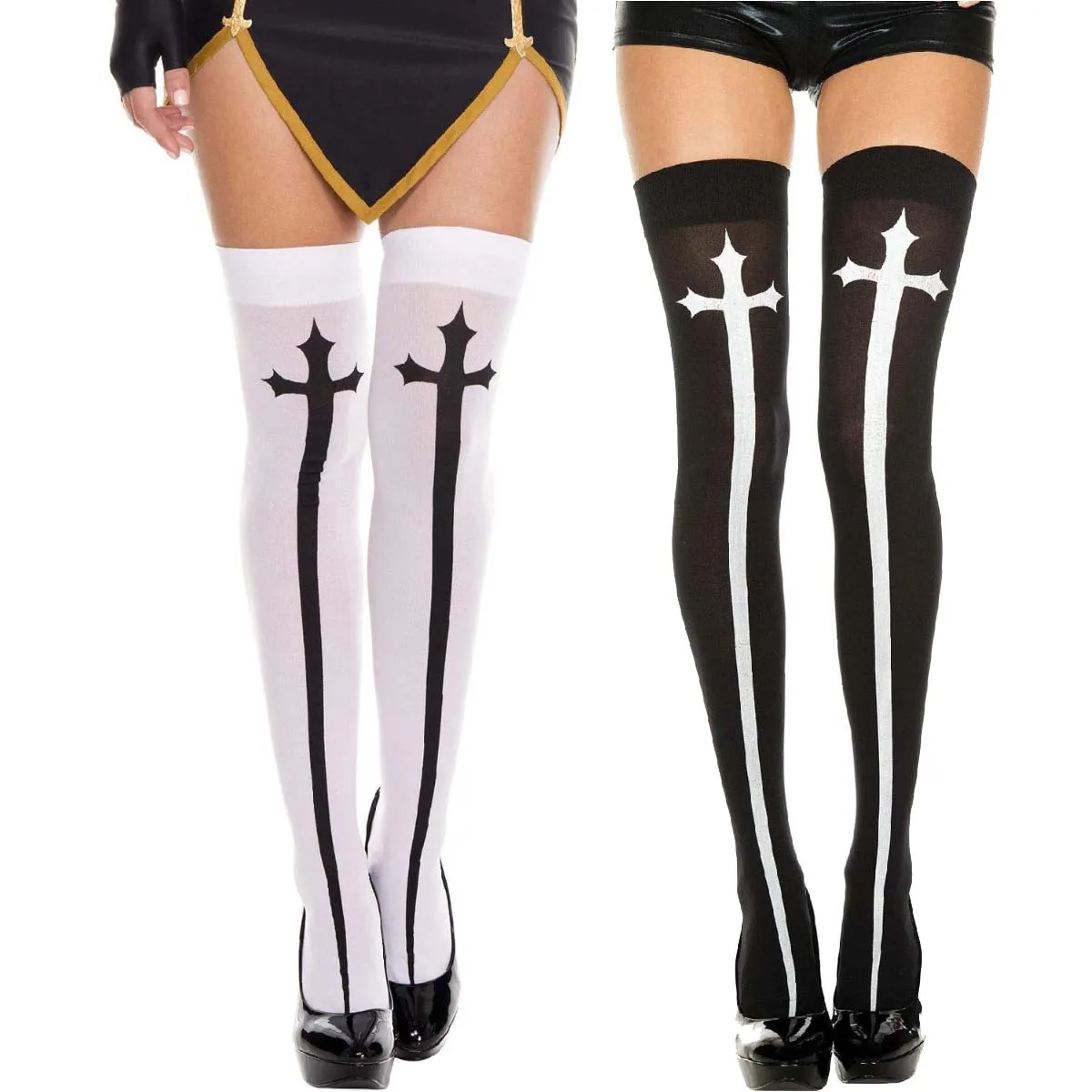 

Взрослые женщины Хэллоуин тематическая вечеринка монахиня косплей готический крест принт бедра чулки