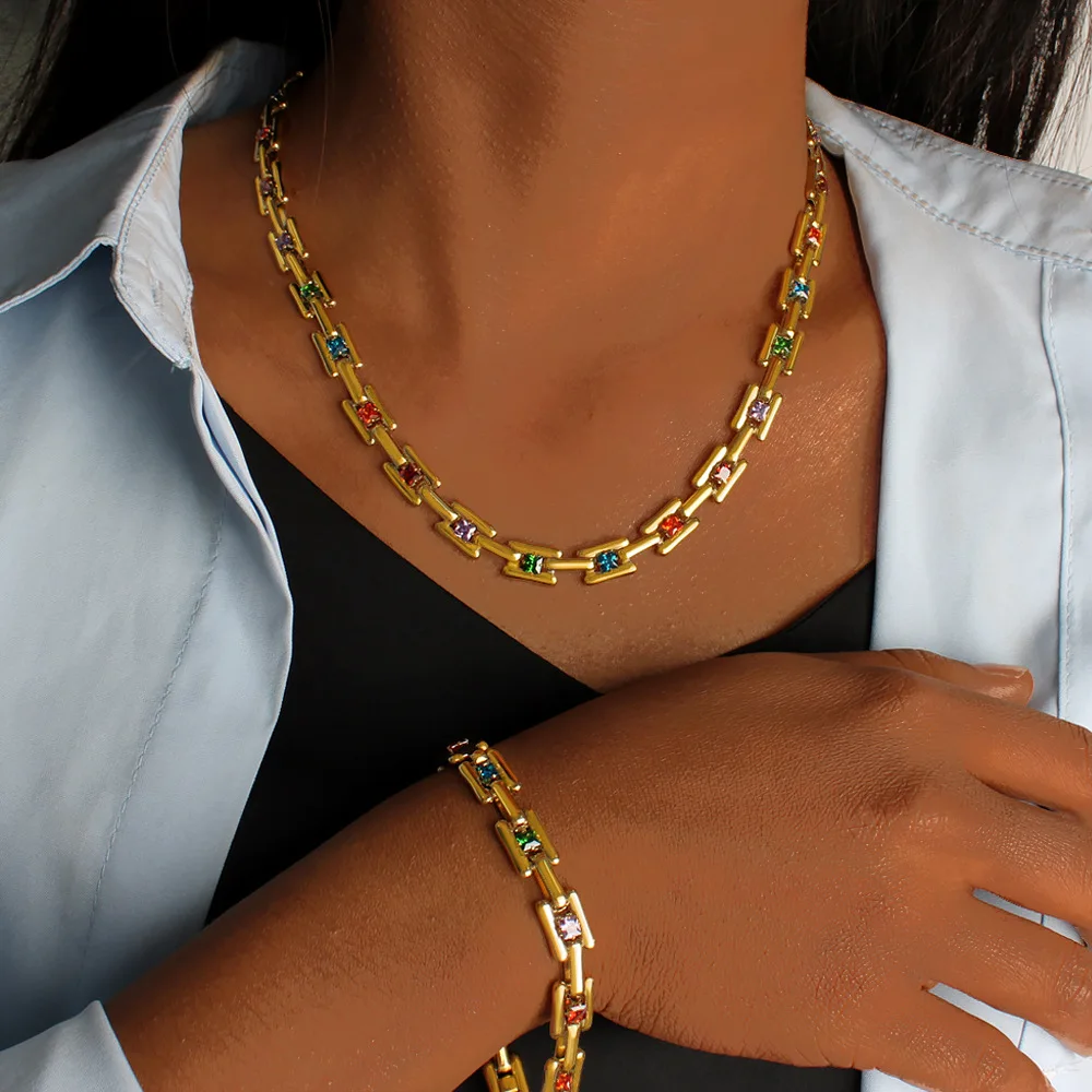 

Premium 18K Gold Plated Stainless Steel Necklace Bracelet Set with Full CZ Stones Elegant Collarbone Chain Jewelry for Women