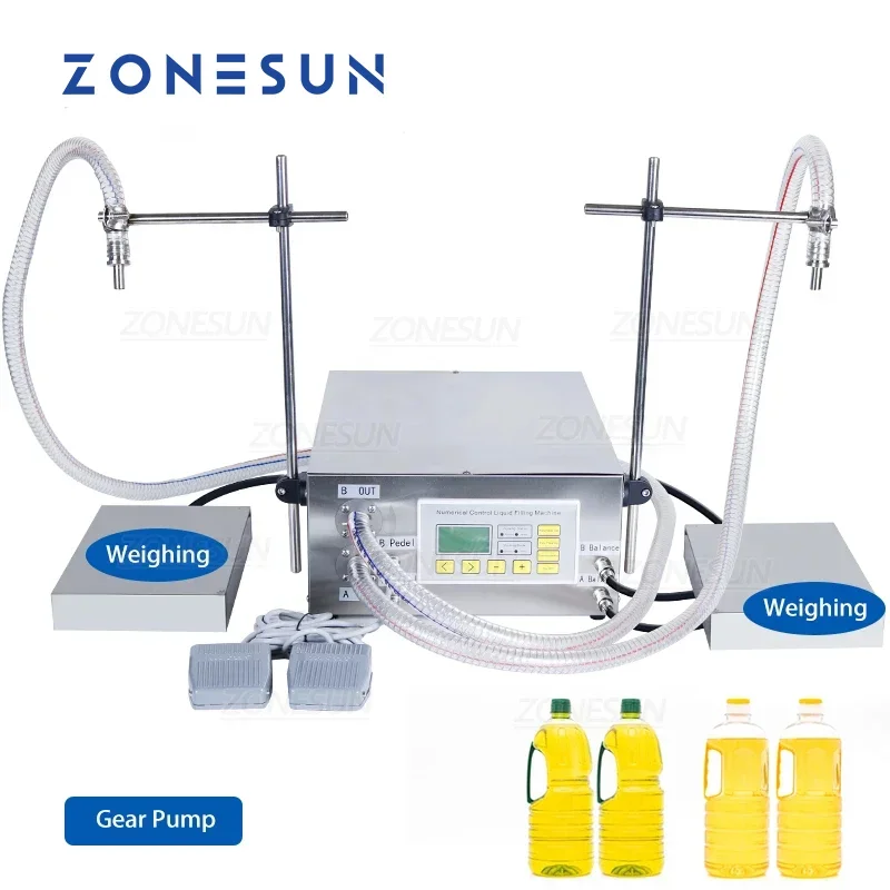 ZONESUN فوهات مزدوجة شبه حشو زيت أوتوماتيكي تشحيم الصالحة للأكل مضخة تروس أساسية آلة تعبئة وزن الزيت