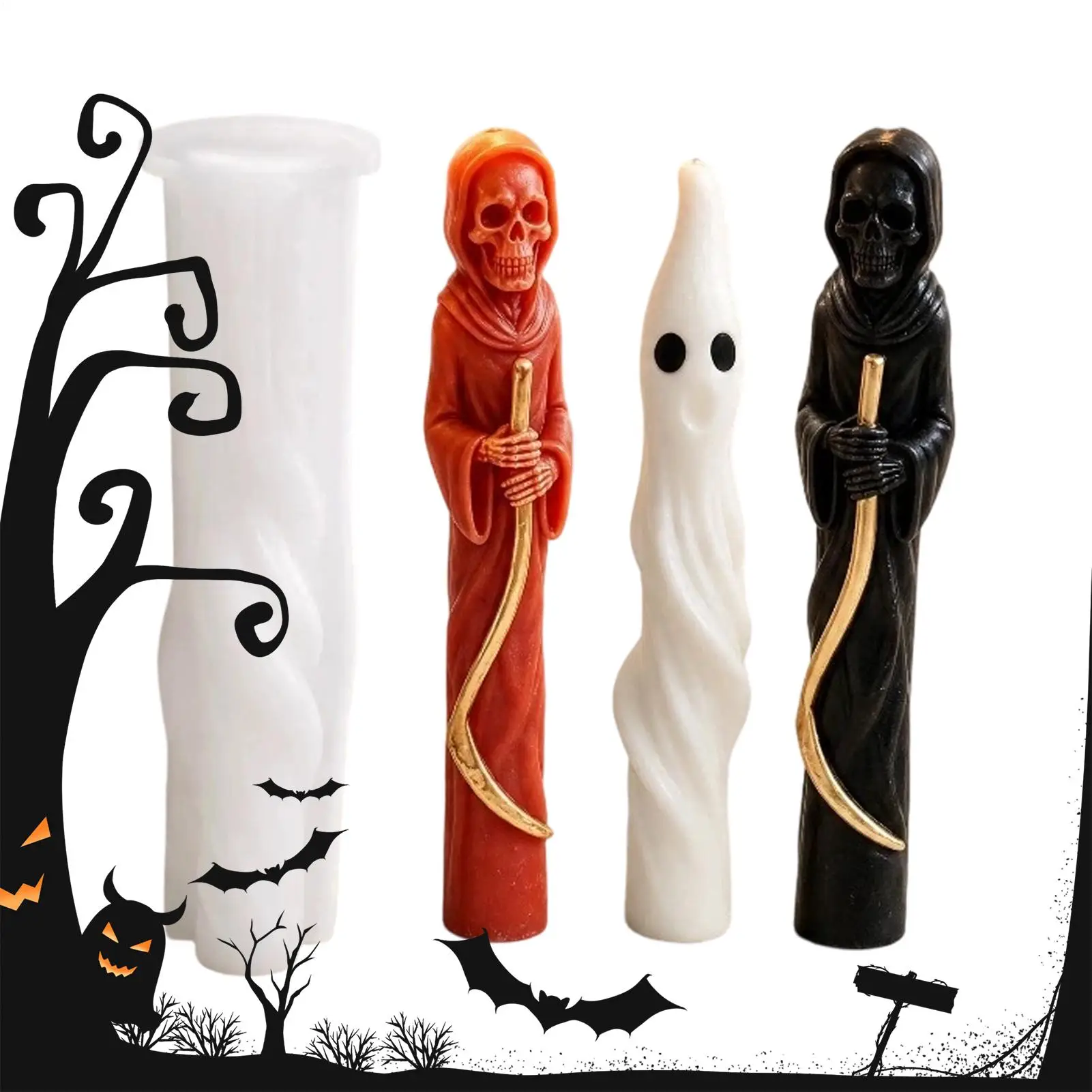 Death Skull Long Rod Candle Mold DIY Halloween Spooky 3D Resin Handmade Soap Wax Clay Crafts Gothic Silicone Fondant Molds