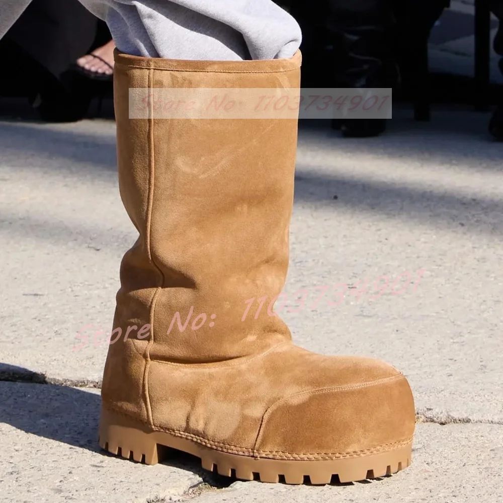 Big Round Toe Warm Snow Boots Women Furry Fur Thick Sole Increase Height Knee High Boots Ladies Slip-On Fashion Nifty Chic Shoes