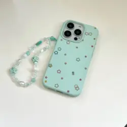 Korean INS Mint Green Little Stars Leather Texture Wrist String Phone Case for iPhone 16 15 14 13 Pro Max Back Phone Cover Capa