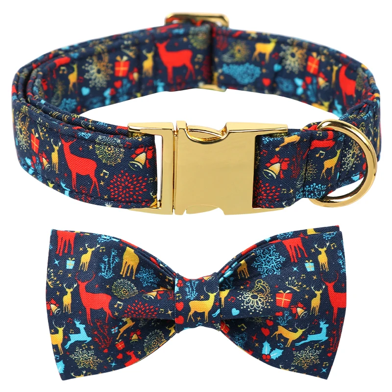 Unique Style Paws Blue Deer Christmas Dog Collar, Christmas Dog Collar with Flower Bowtie for Small Medium Large Dog