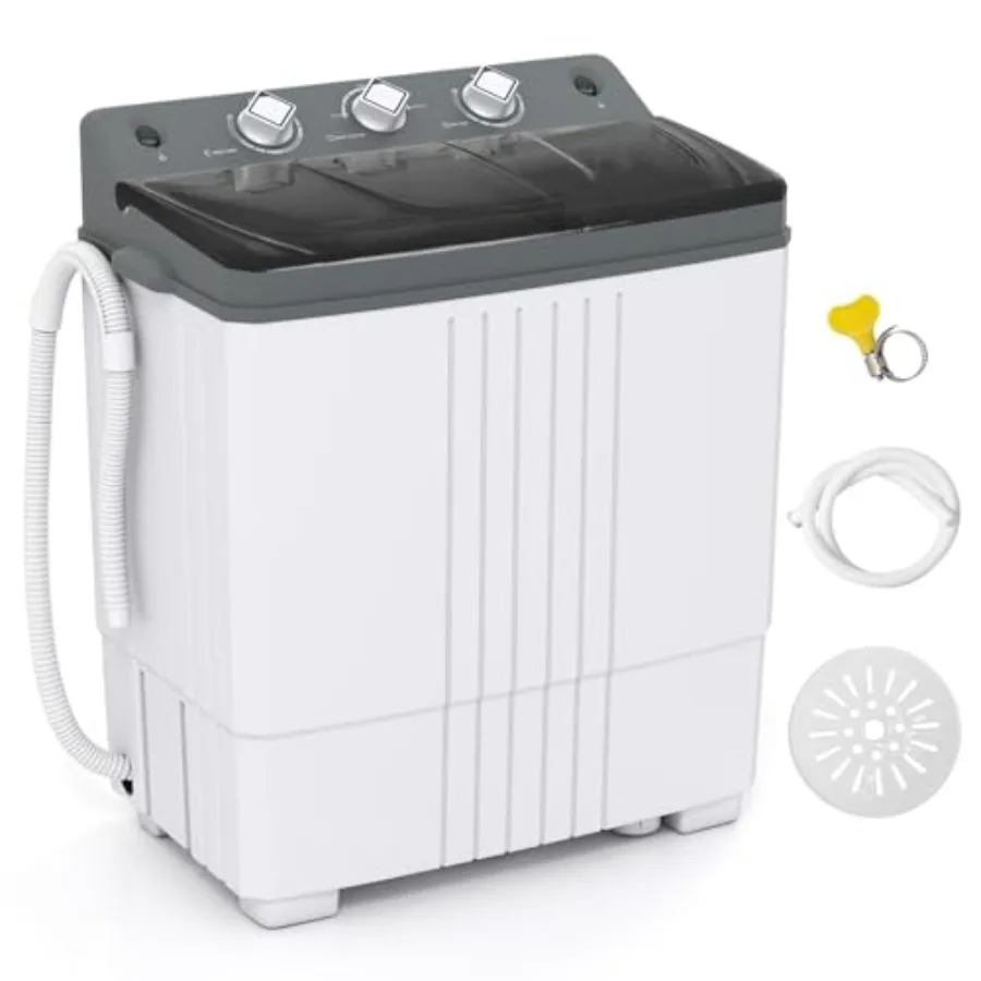 

Portable washing machine for apartment/dorm/RV use, plastic and metal construction, grey and white color, compact twin tub with
