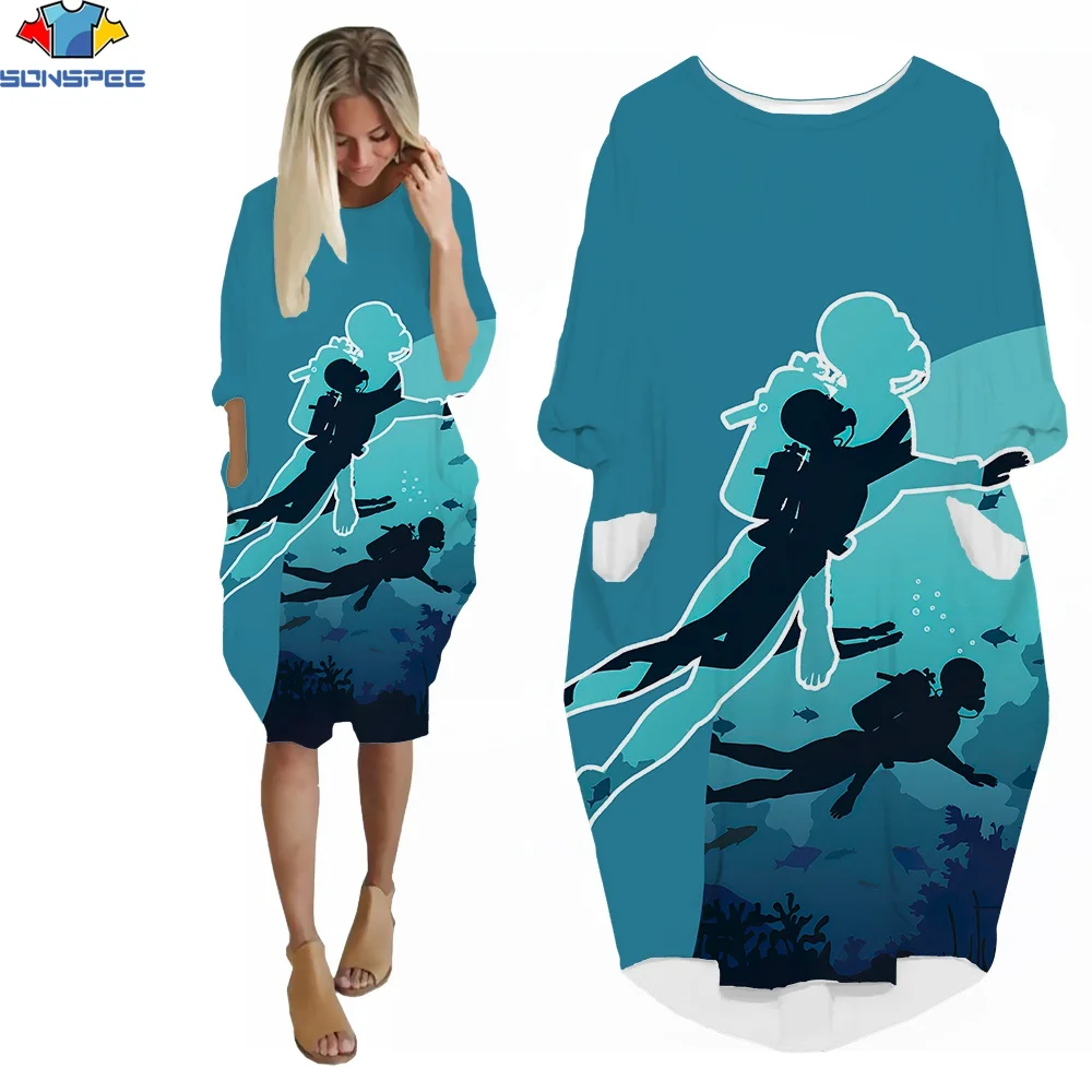 

SONSPEE 3DPrint Undersea Adventure Diver Women Dress Cute Small Fish Coral Summer Beauty Sexy Fashion Outdoor Casual Party Dress