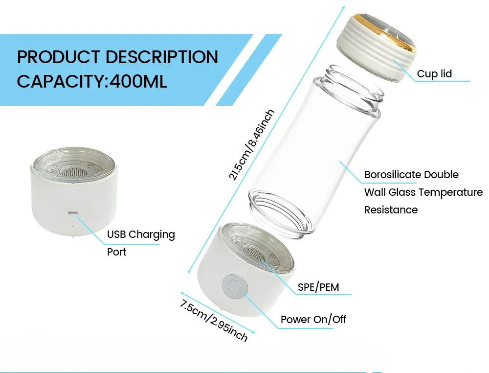 5000 ppb Hydrogen water bottle with spe pem technology molecular hydrogen generator rich water bottle glass maker for health