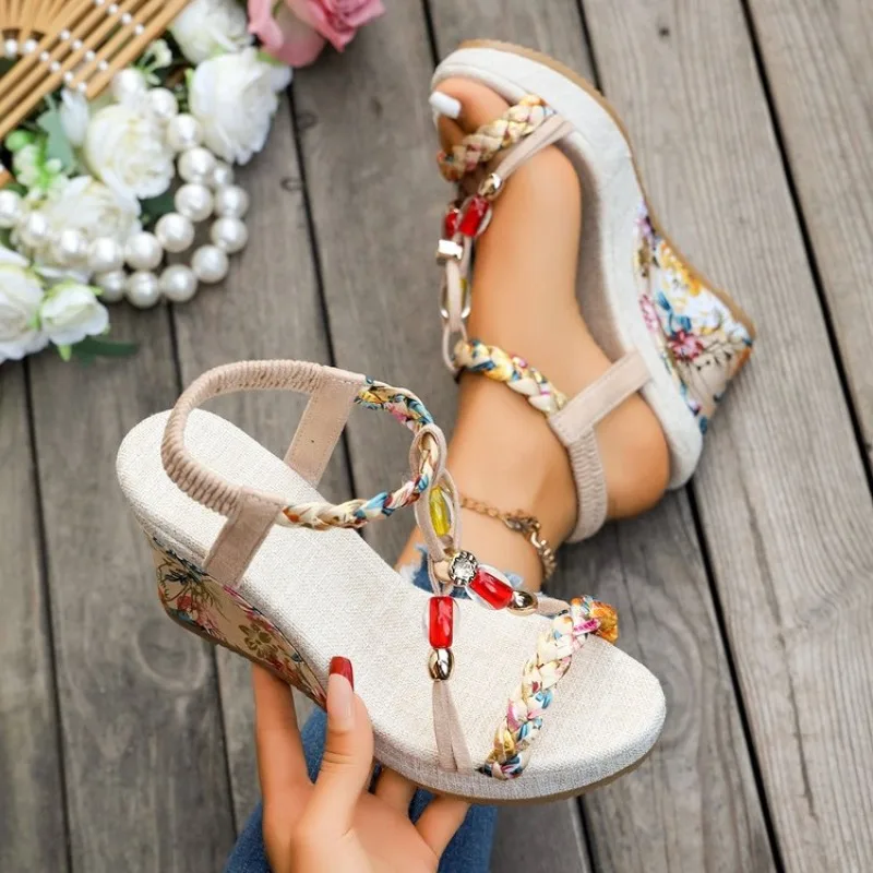 

Womens Summer Wedge Sandals Braided Beaded Rhinestone Boho Floral Pattern Platform Open Toe Elastic Strap Casual Vacation Shoes