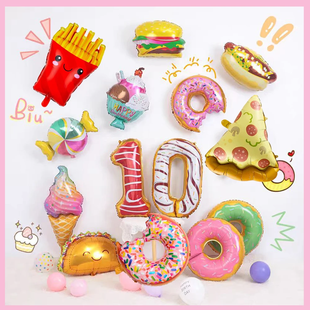 

Donut Aluminium Foil Balloon Pizza Fries Delicious food Theme Birthday holiday party Anniversary Wedding Decor Supplies