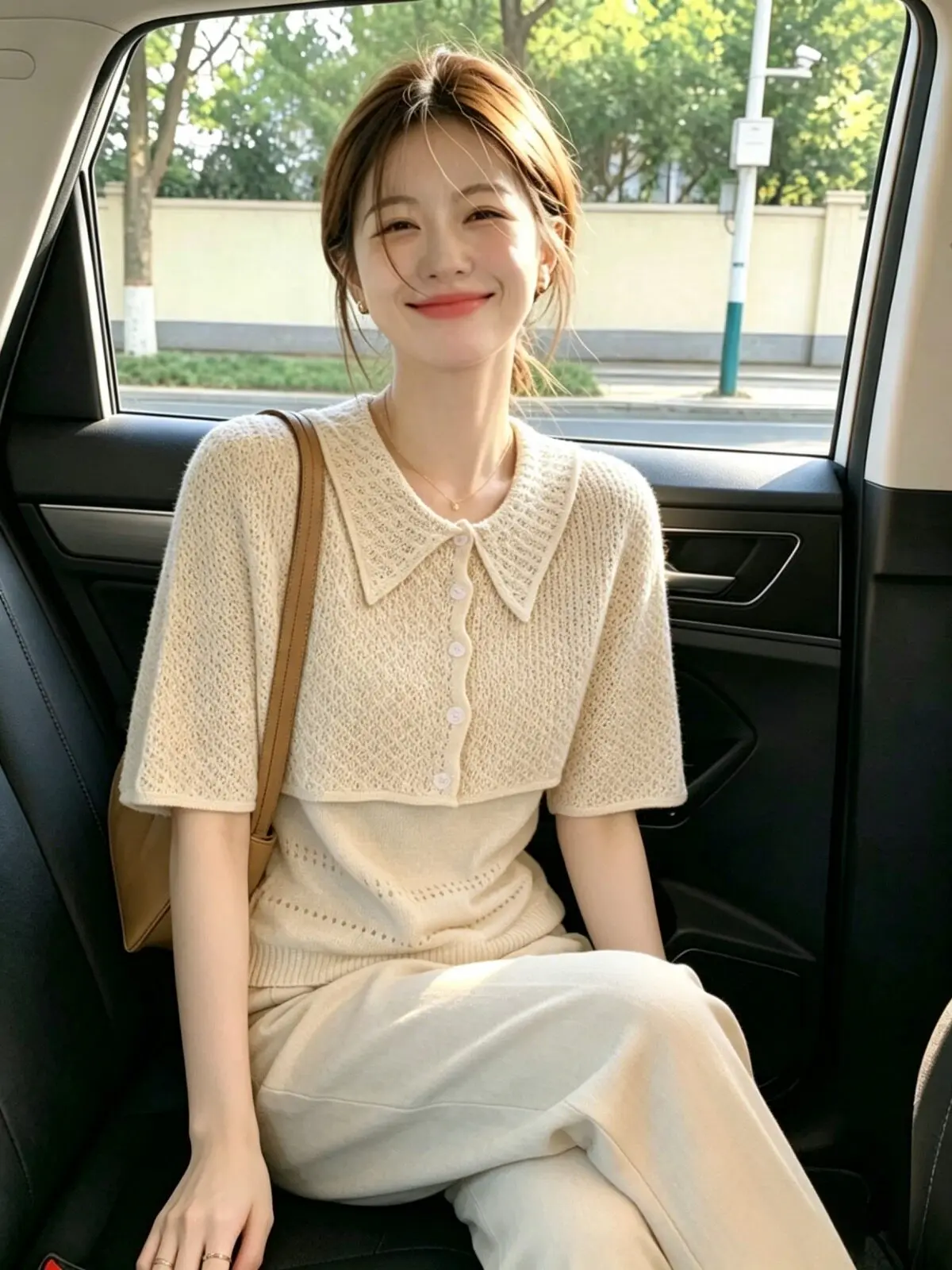 

Cool Feeling Hollow out Collar Two Piece Knitted Short Sleeve T Shirt Women's Fashionable Light Weight Summer Top