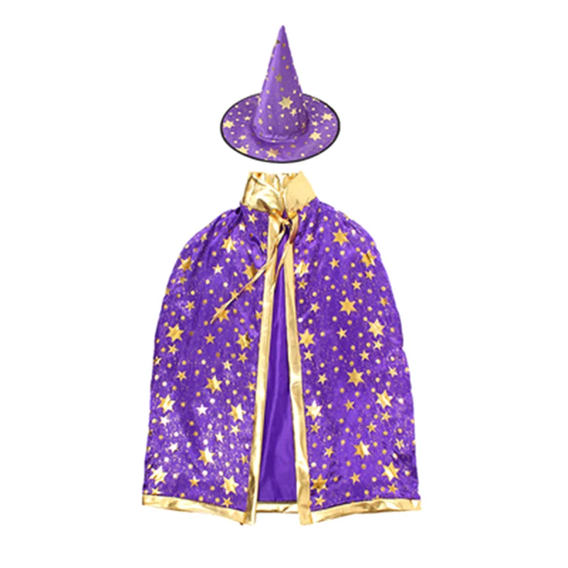 Children Cloak With Witch Hat Boys Girls Cosplay Costume Teens Black Purple Red Carnival Photography Props Kids Christmas Cape