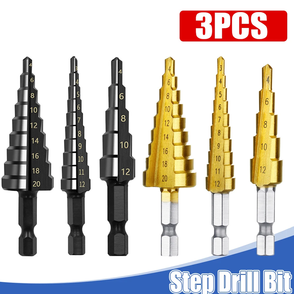 

SenNan 3pc 3-12mm 4-12mm 4-20mm HSS Straight Groove Step Drill Bit Set Titanium Coated Wood Metal Hole Cutter Core Drill Bit Set