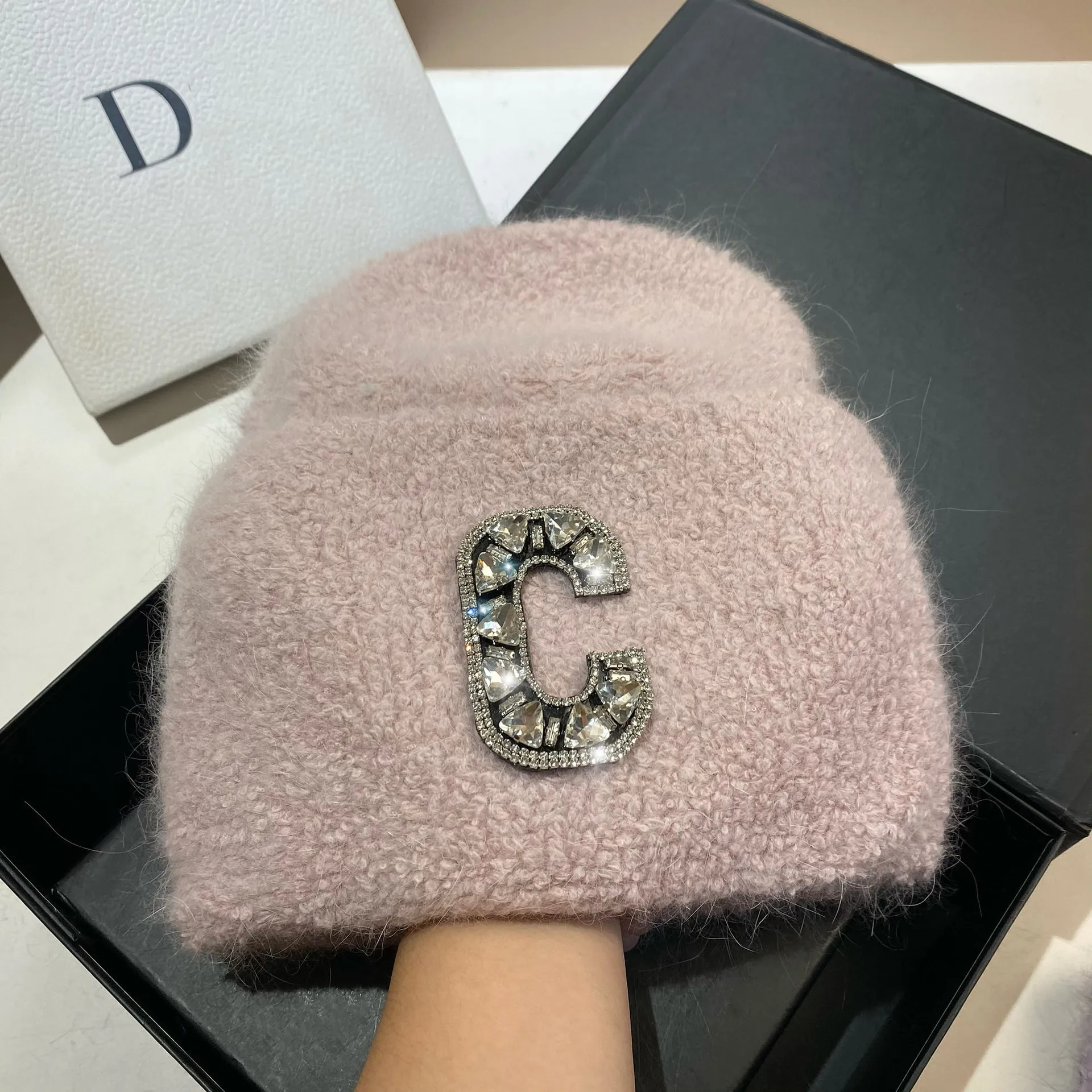 Luxury Rhinestones Letter C Women\'s Winter Beanie Real Rabbit Fur Knitted Hat Lady Warm Walking Bonnet Woolen Skullies Beanies