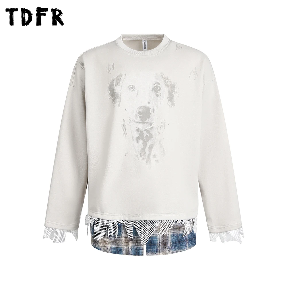 

Dog Print Fake two-piece Sweatshirts Mens Autumn Retro Casual Crew Neck Long Sleeve Patchwork Sweatshirts Man