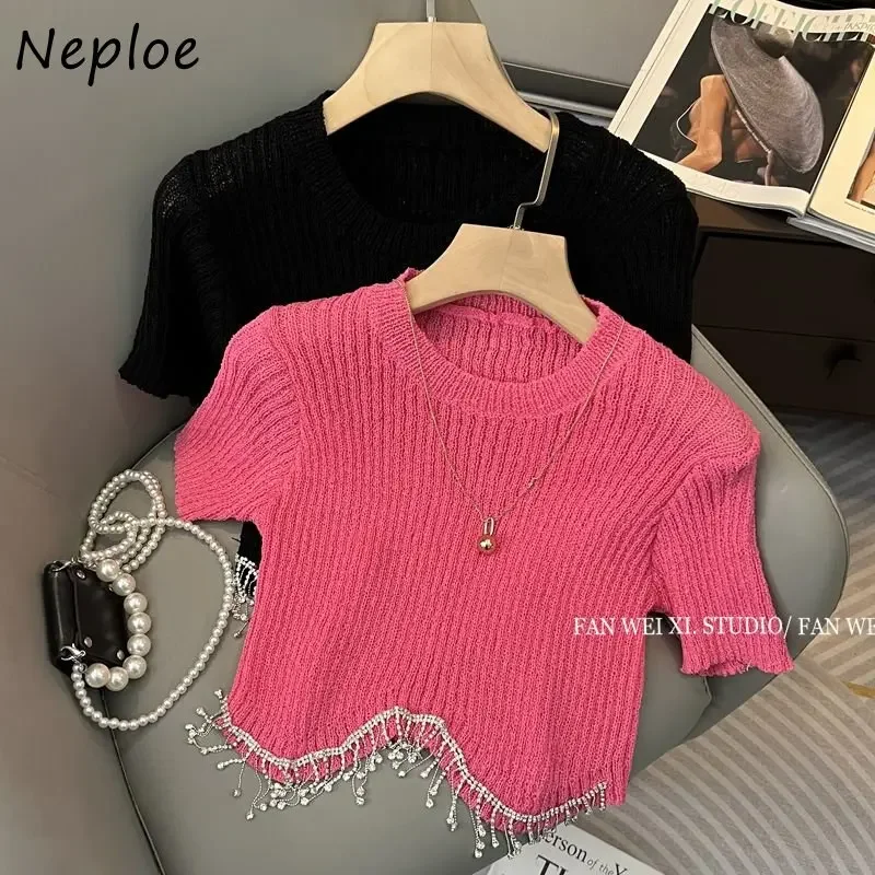 Neploe French 2024 Summer Knit Tees New Irregular Heavy Duty Diamond Tassel Fitted Tops Femme O-Neck Short Sleeve T-Shirts