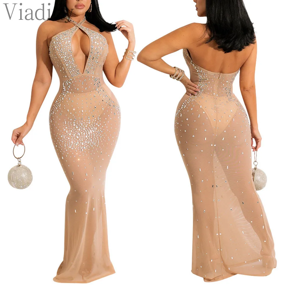 Frauen Sexy Einfarbig Halter Strass Dekor Aushöhlen Sheer Mesh Ärmelloses Backless bodenlangen Party Kleid