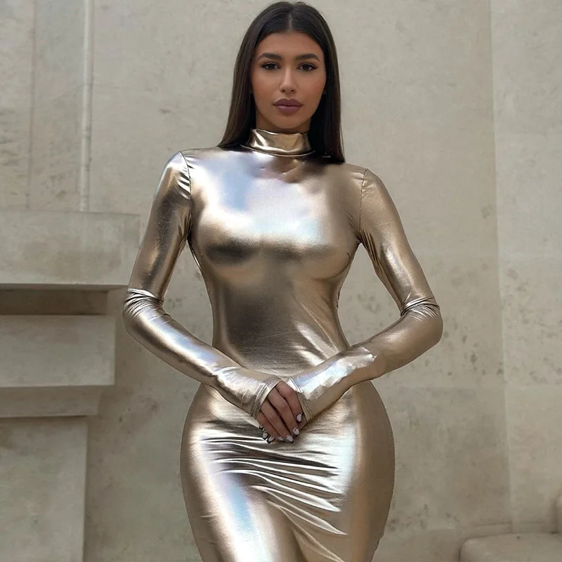 

Women Sexy Backless Metallic Long Dress Sexy Half High Neck Long Sleeve Pleated Slim Dresses Fashion Female High Street Vestidos