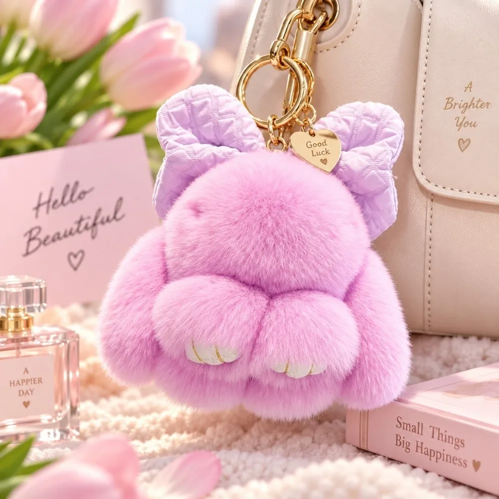 Weicher, flauschiger Kunstfell-Kaninchenfell-Schlüsselanhänger, hängende Ornamente, Pompon-Plüsch-Kaninchen-Schlüsselanhänger, Plüschpuppen, Kawaii-Häschen-Anhänger für Damen – Detail 4