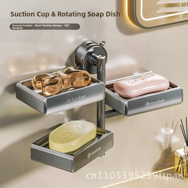 Wall-Mounted Suction Cup Double-Layer Soap Box High-End Bathroom Storage Rack Non-Perforated PET Stainless Steel Holder for