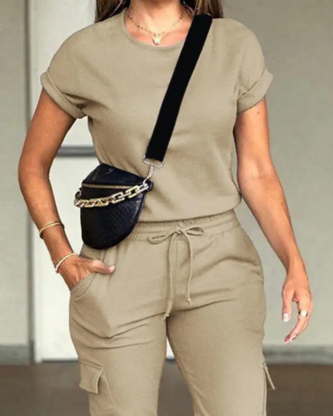 Two Piece Set Women Outfit 2023 Summer Fashion Round Neck Short Sleeve Top & Casual Drawstring Pocket Daily Cuffed Pants Set