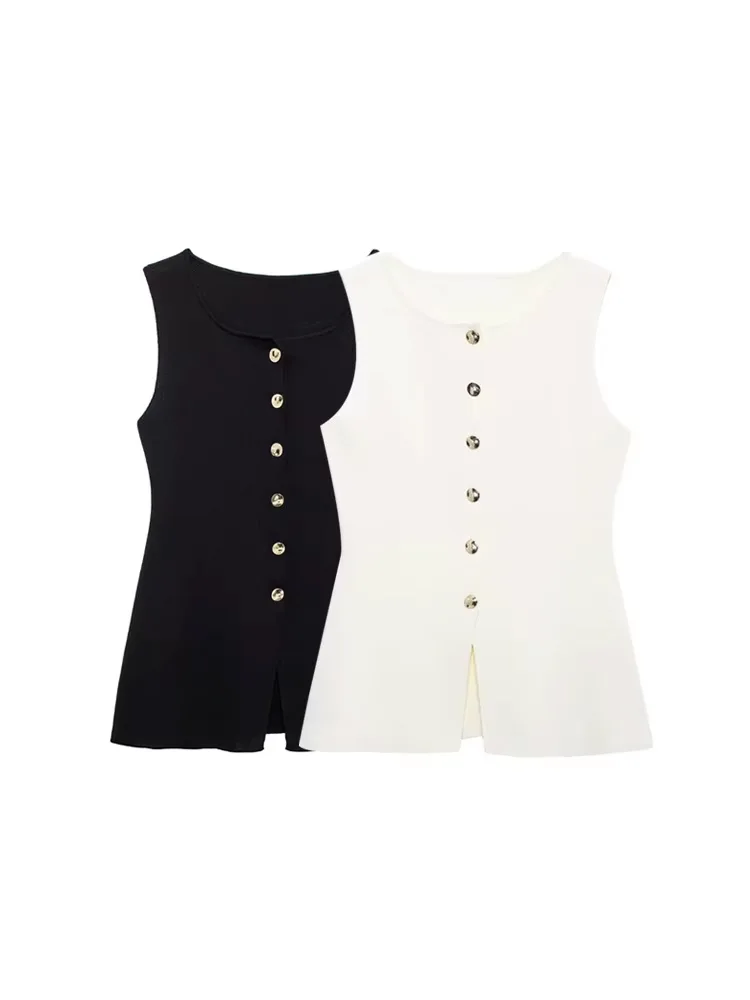 

TRZA Women's Sleeveless Knit Vest Sweater O-Neck Golden Buttons Chic Fashion Top Female Waistcoat