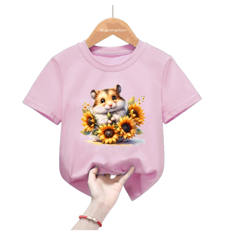 

Cute Hamster And Sunflower Printed T Shirt For Girls Summer Fashion Kawaii Kids Clothes Harajuku Shirt Funny T-Shirt