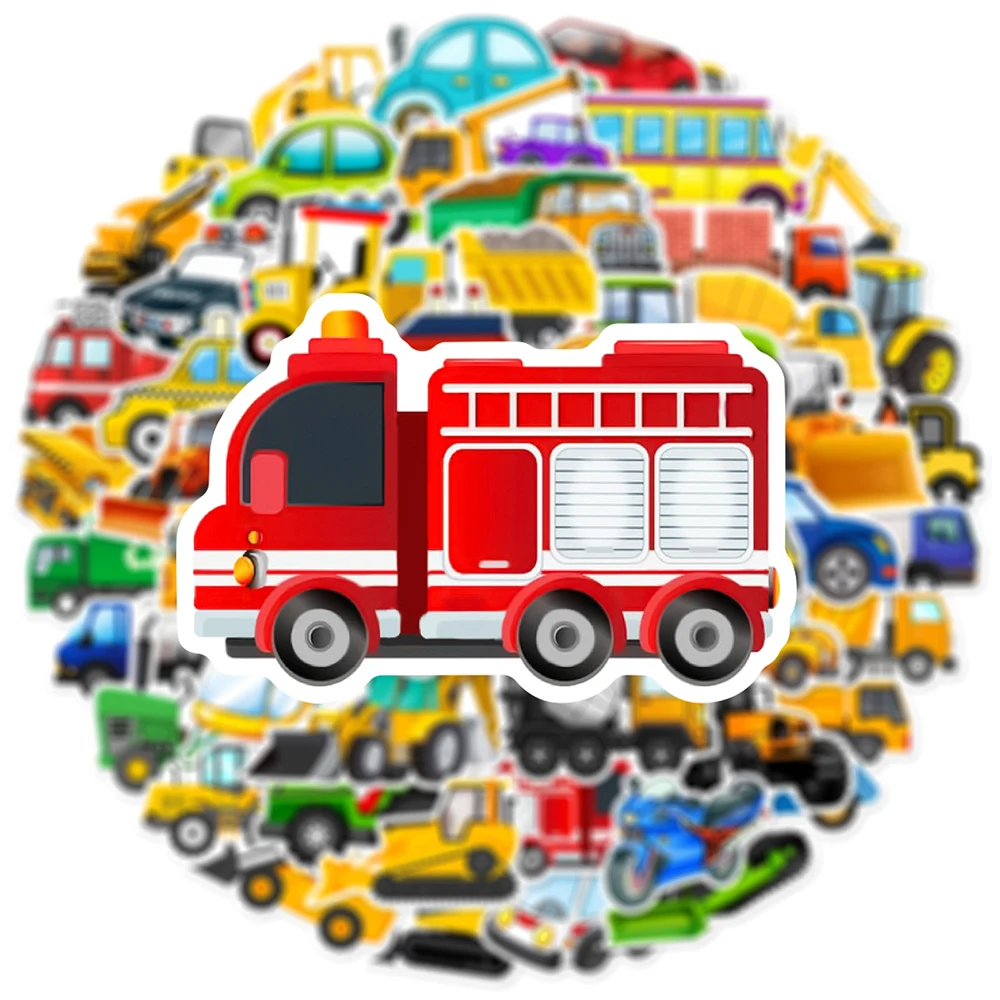 10/30/60/120pcs Construction Vehicle Cartoon Stickers Fire Truck Airplane Train Sticker Luggage Laptop Phone Reward Decals Toys