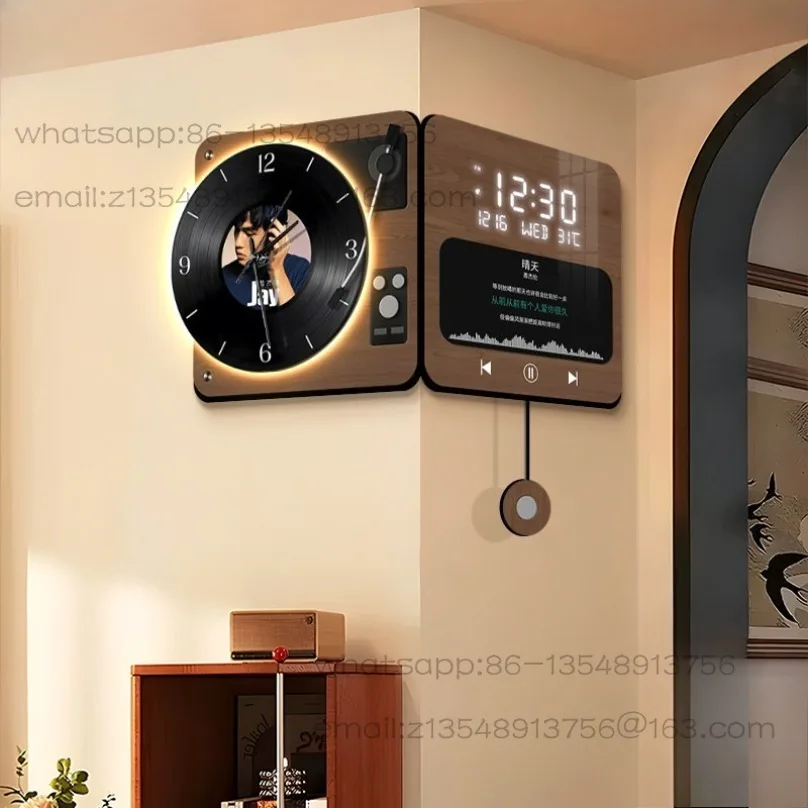 Retro double-sided corner wall clock home living room perpetual calendar electronic clock luminous + plug-in 12 inches
